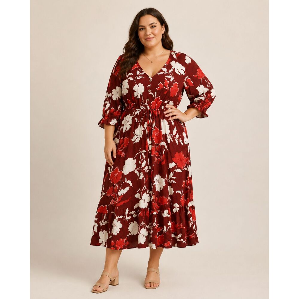 BloomChic Floral Midi Maxi Dress Size 14-16 Burgundy Red V Neck NWT